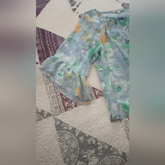 Zack & Rachel Floral Bell Sleeve Boho Peasant Top Size XL Blue Green - Picture 11 of 12